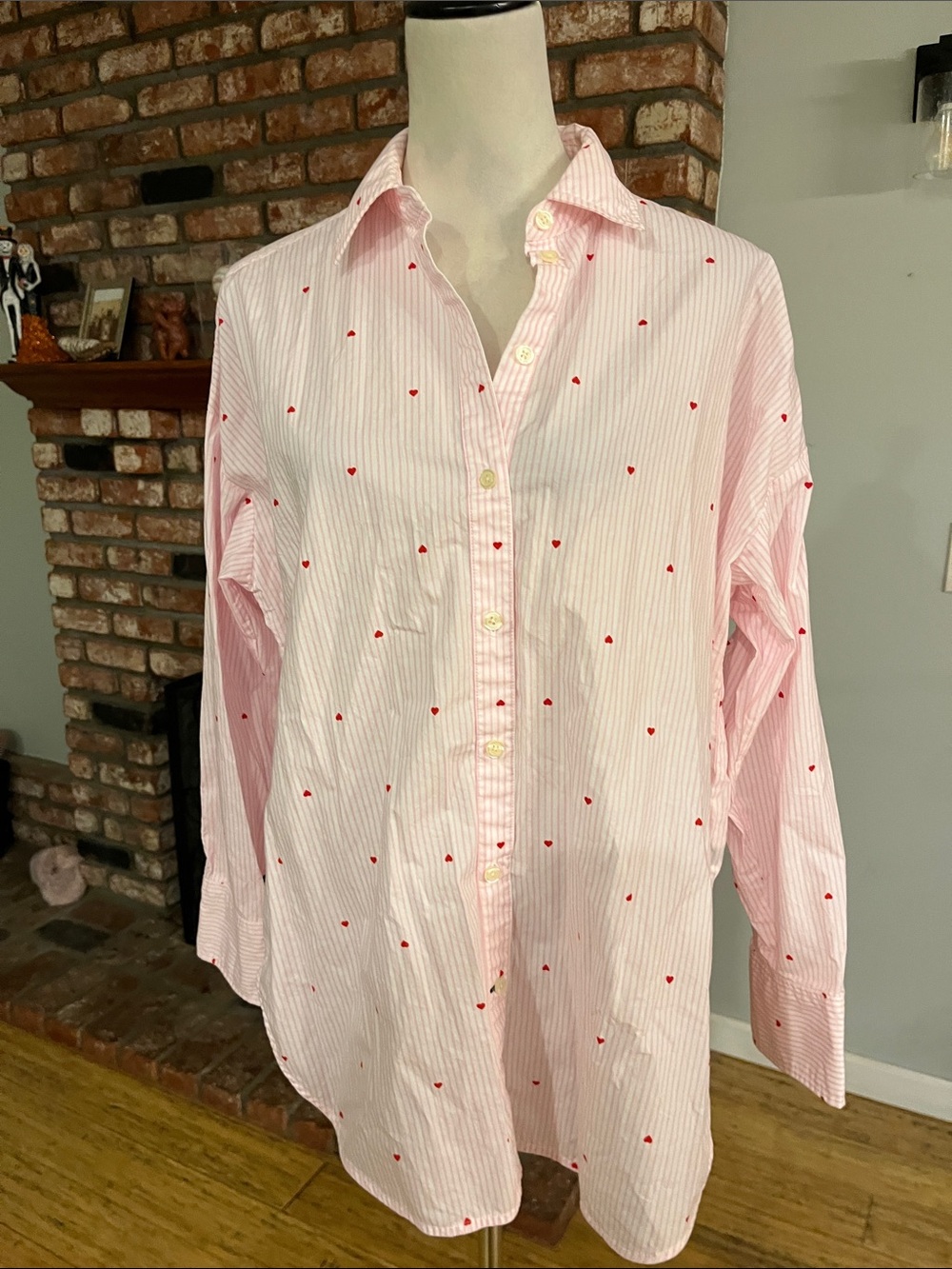 kate spade Pink Stripe Button-Down Shirt with Red Heart Dots (MSRP $118)